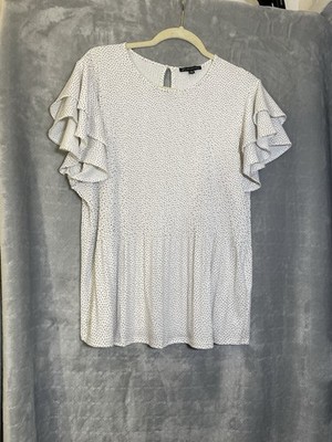 Adrianna Papell Polka Dot Pleated Flutter Sleeve Blouse XL White Black 