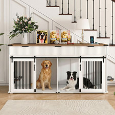 71" Double Dog Crate Furniture w/ Drawers, Power Outlet  Rotating Feeders