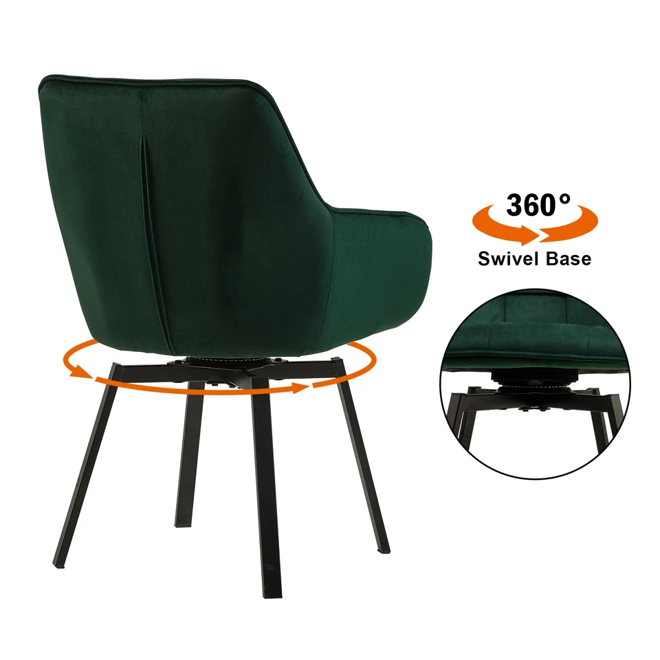 2 x 360 ° поворотный обеденные стулья зеленый бархат черный ножки кухни столовой стул - Изображение 3 из 4