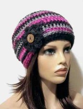 handmade crochet womans flower hat beanie simply pink raspberry black USA made