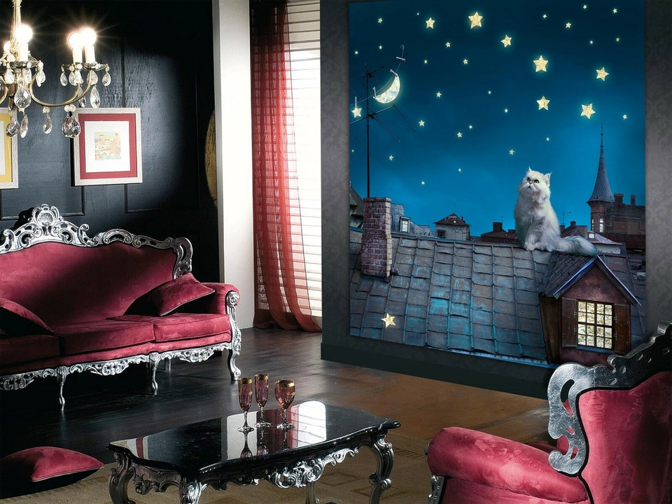 Bedroom wall mural wallpaper Night life Cats Nonwoven blue wall decor