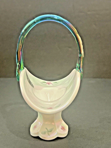 Fenton Mini-Korb Glas irisierend spanische Spitze floral handbemalt signiert - Bild 2 von 10