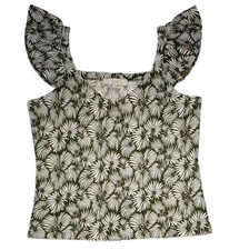 NEW Loft Textured Knit White Green Leaf Tank Top M Womens Ruffle V-Neck Stretch