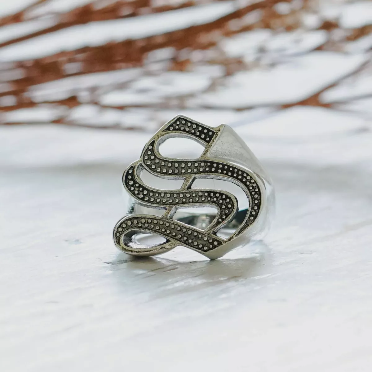 S letter old english ring men sterling silver biker handmade jewelry initials