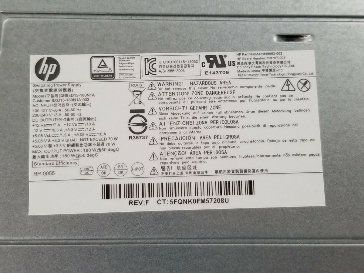 HP 180W 570-P Power Supply 848053-002 848051-004 848051-003 D13