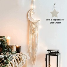 Boho Macrame Woven Wall Hanging, Crochet Crescent Moon Star Dream Catcher wit...