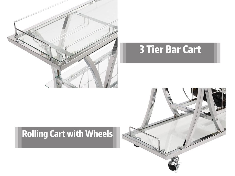 FABOMEI Silver Bar Carts with Glass Holders & Wine Rack,3 Tier Home Bar