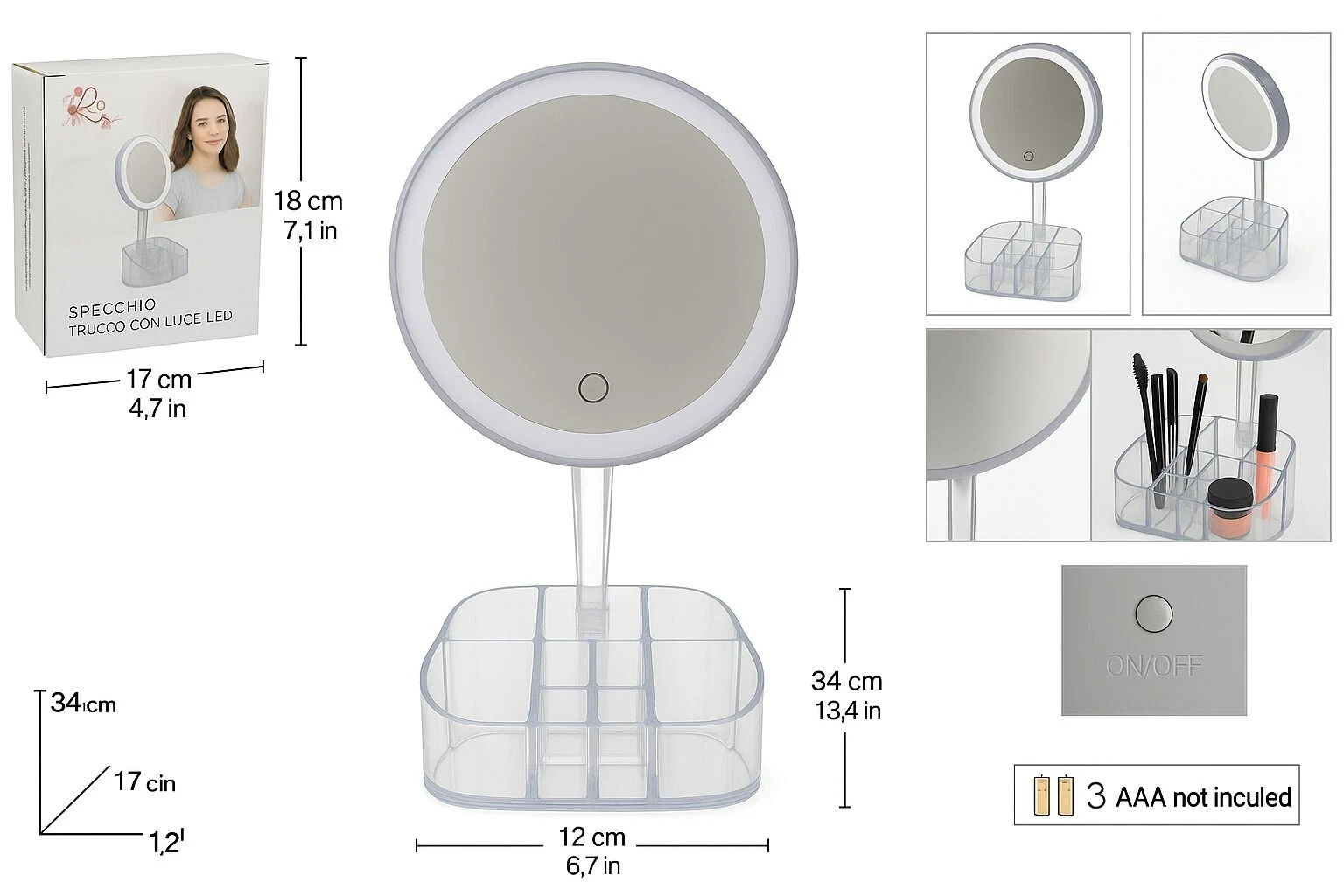Specchio Per il Trucco con Luce LED con base porta trucchi make-up da tavolo - Foto 3 di 6