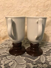 Coffee Mug  Hall Footed Pedestal Irish Cups  White  Brown Stem set of 2    b5