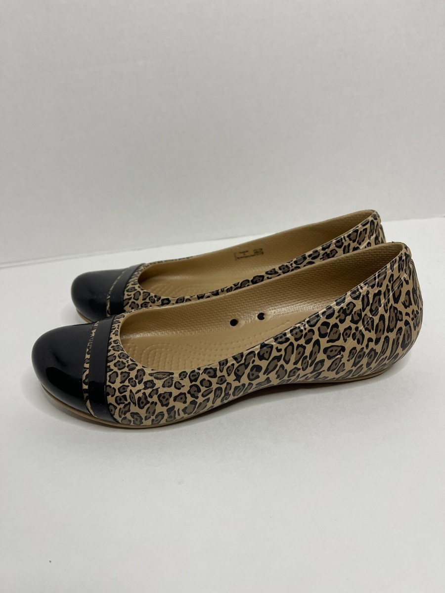 Crocs Cap Toe Leopard Print Flats Women’s Size Slip On Shoes Lightweight  *FLAW