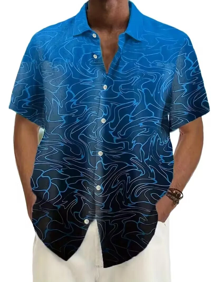 Plus Size Men's White Stripe Graphic Short Sleeve Casual Button-Down Shirt Blue - Picture 1 of 3