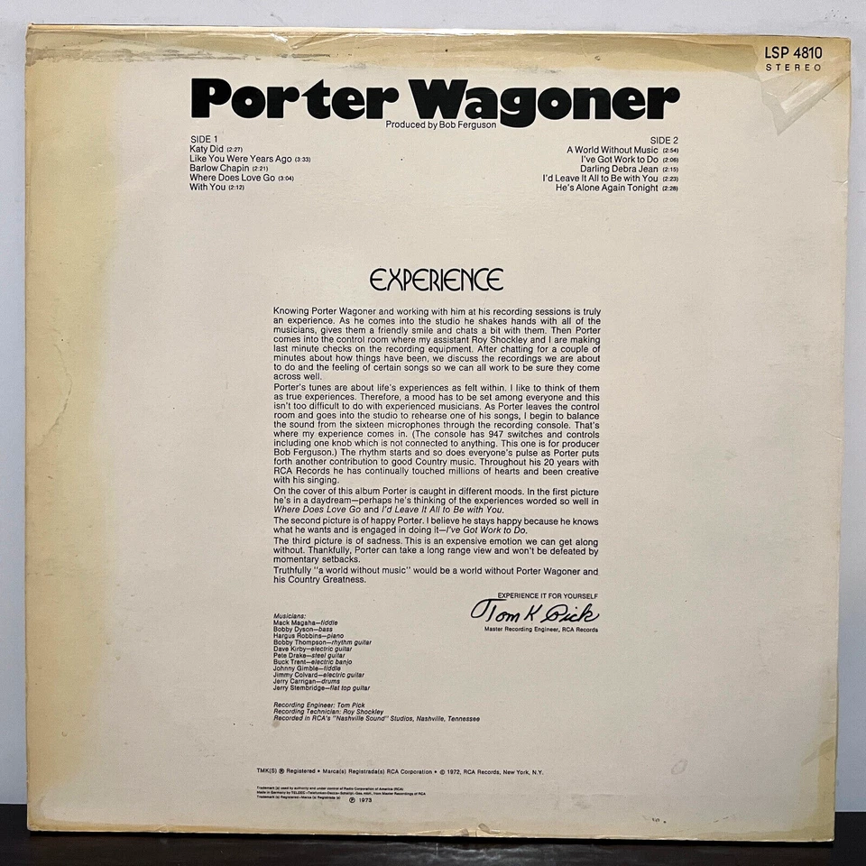 PORTER WAGONER - Experience (1972 Germany Pressing) - 12" Vinyl Record LP - EX Foto 2 de 3