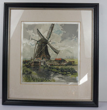 Colour Etching on Silk by Hans Figura, Original, Landscape with Mill