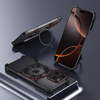 Alloy Frameless Case For iPhone 16 Pro Max 16 15 14 13 Mag Safe Ring Stand Cover