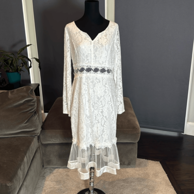 White Floral Lace Mermaid BodyCon Midi Party Dress Sheer Ruffle Hem Size  XXL (U. | eBay