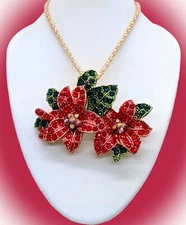 Gorgeous Betsey Johnson ~ Red Green ~ Crystal Poinsettia Flower Necklace /Brooch