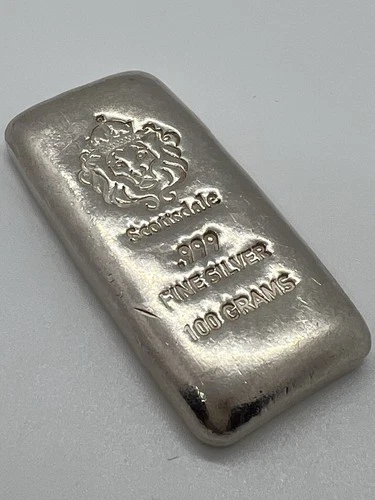 100 Gram Cast Silver Bar by Scottsdale Mint .999 Silver Bullion