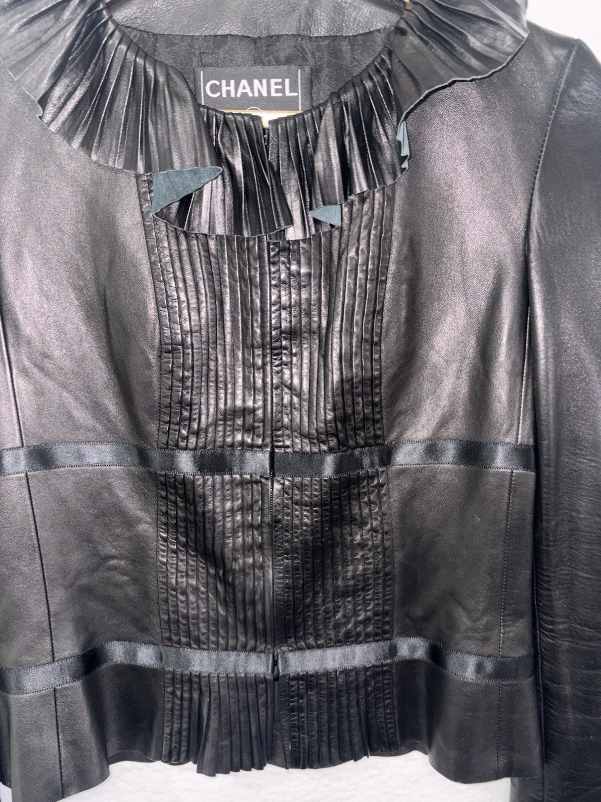 Chanel Black Lambskin Leather Jacket Sz 34/US 2 XS Ruffle Collar Excellent SEE! thumbnail 12