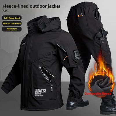 Softshell Fleece Lined Jacket Pants Set Windproof Outdoor Cycling 2 Piece Suit