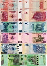 CONGO - Lot 6 Banknoten 10/50/100/200/500/1000 Francs FDS - UNC