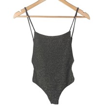 Mistress Rocks Black Sparkle Lurex Bodysuit Square Neck Spaghetti Strap Small