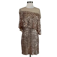 Betsy & Adam Women's Cocktail Dress Size 4 Gold Sequined Caped Mini Sheath 