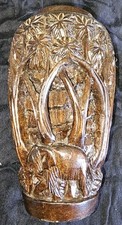 VTG Hand Carved Wooden Vase 3D Elephant Trees And Leaves Deep Carving