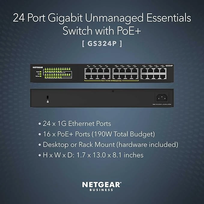 NETGEAR GS324P-100NAS 24-Port Gigabit Ethernet PoE+ Switch, Unmanaged - Black - Image 3 of 4