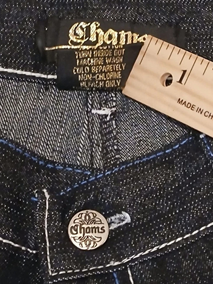 Y2K Chams Jeans Men 36 Dark Blue Wash Bootcut Denim Contrast Stitching/Pockets - Image 4 of 4