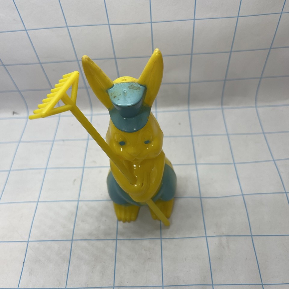 Vtg Rosbro Plastic Bunny Rabbit Easter Toy w/rake 4