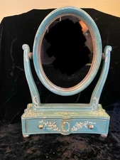 Vintage Blue FLORENTINE hand Painted Wood Tilt Mirror Dresser Vanity Jewelry Box