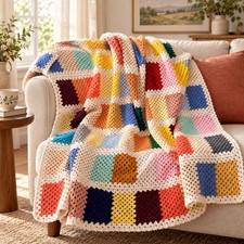 Vtg Large Handmade Granny Squares Crocheted Afghan Throw Blanket 71 L x 62 W