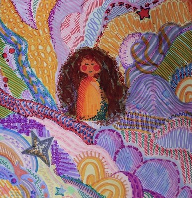 Colorful Abstract Art Print of Woman with Stars, Portrait Orientation