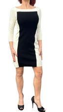 MILLY NEW YORK BLACK IVORY COLOR BLOCK KNIT 3/4 SLEEVE BATEAU SHEATH DRESS P