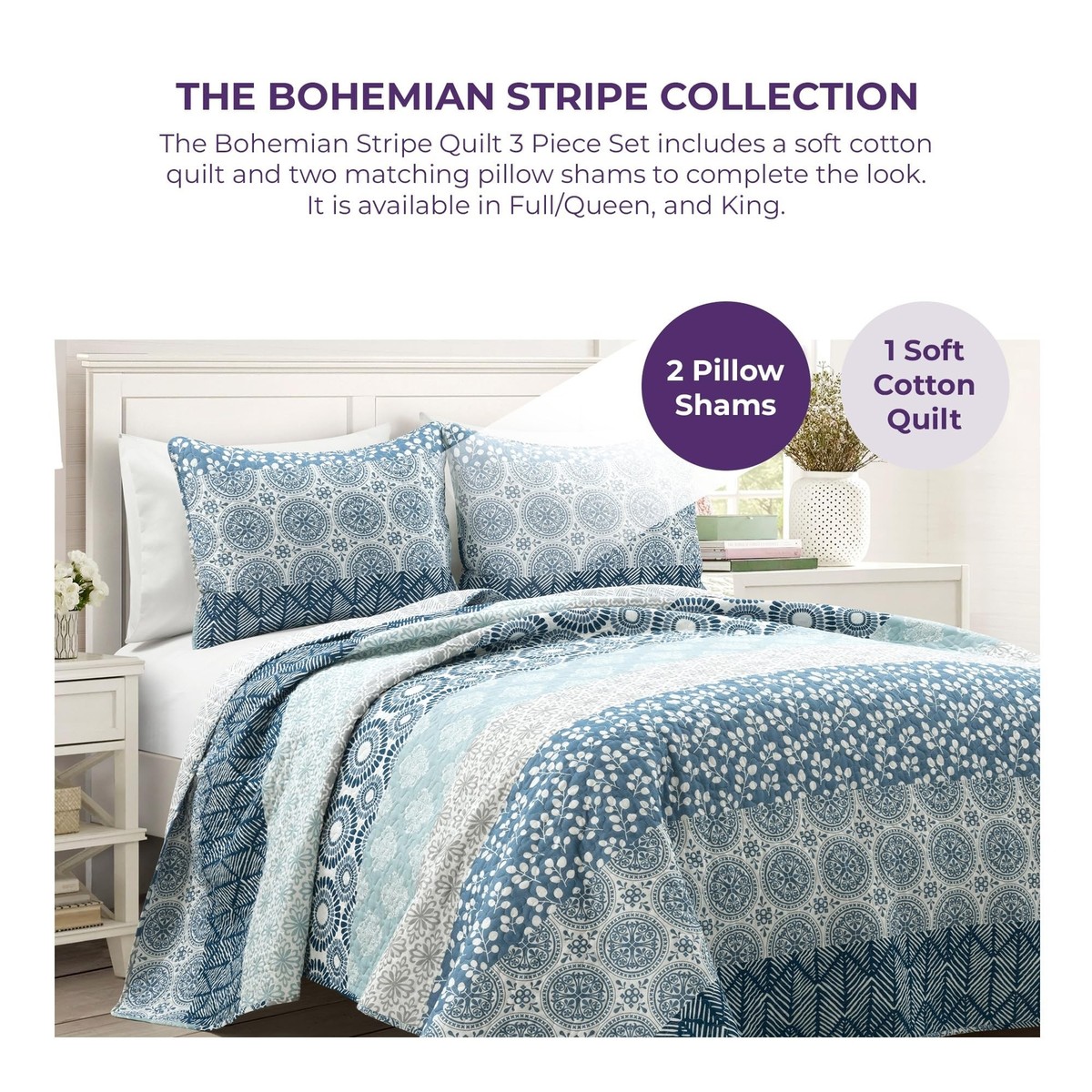 Bohemian Stripe Full Quilt Set – 3-Piece Gray & Blue Patchwork, Lightweight Microfiber Bedding