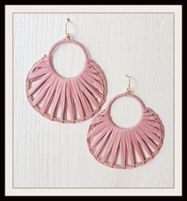 Pink Straw Raffia Fan Hoop Earrings Large 2.5" Long Gold Accents BoHo
