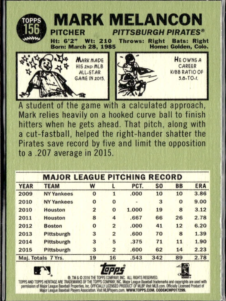 2016 Topps Heritage Mark Melancon Pittsburgh Pirates #156  3 Card Lot - Image 2 of 2