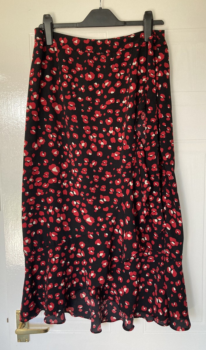 Glamorous Midi Floral Wrap Skirt Red Black Animal Print Size 14