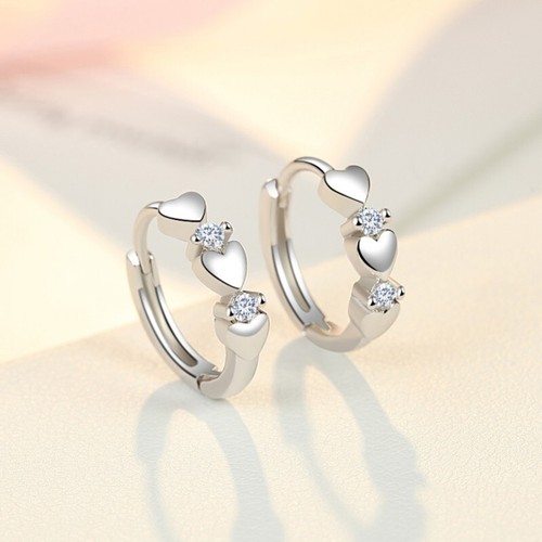 Shiny 925 Sterling Silver CZ Heart Hoop Circle Huggie Earrings Women Girl Gift - Picture 2 of 4