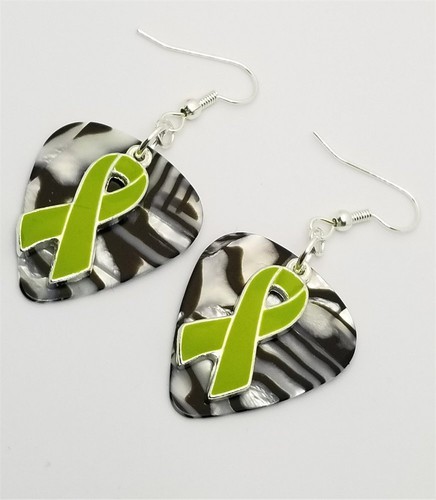 Lime Green Ribbon Charm Guitar Pick Earrings with Surgical Steel Earwires - Picture 5 of 11