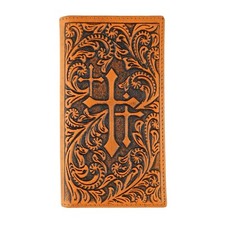 Western Tooled Crosses Floral Men's Rodeo Wallet Bi-Fold Genuine Brown Leather