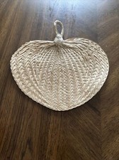 Vintage Straw Palm Leaf Wicker Rattan Hand Fan Heart Shape Boho Woven