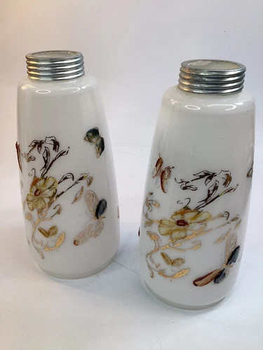 2 Vintage milk glass 8”Lamp shade floral print with butterfly (K3)