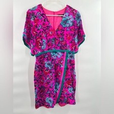 Nanette Lepore pink floral green dress size M v-neck short sleeve faux wrap