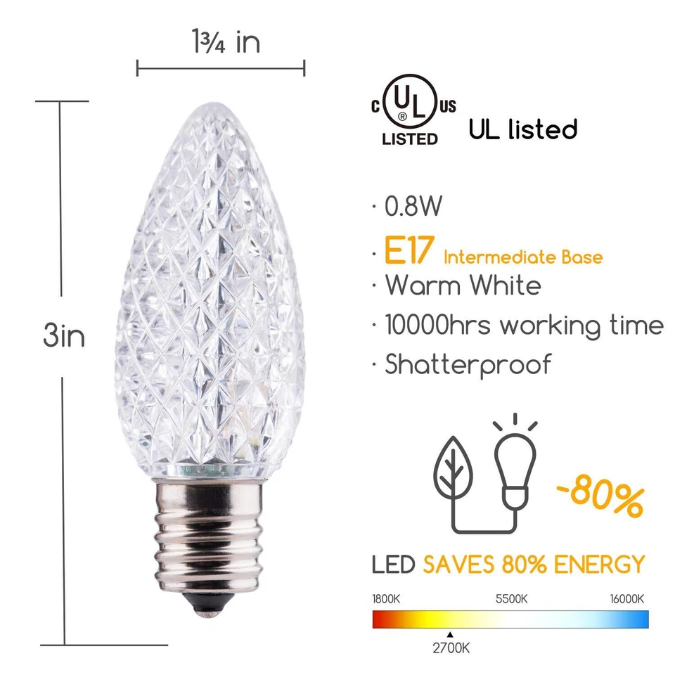 100 Pack Warm White C9 LED Light Bulbs Dimmable Energy Efficient 0.8W - Image 2 of 4