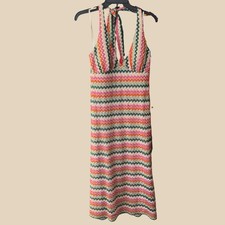 PREMIER AMOUR Crochet Midi Dress Womens Halter Stripe Slit Stretch Retro NWT