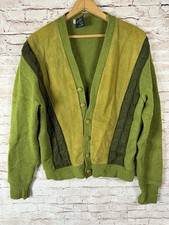 Vintage 60s Wool Cardigan Sweater M Olive Greens Suede Rockabilly Grunge Cobain