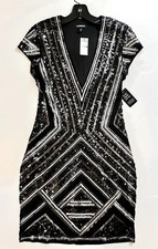 NWT EXPRESS Black Silver Sequin Mesh Deep V  Neck Short Sleeve Party Dress Sz S