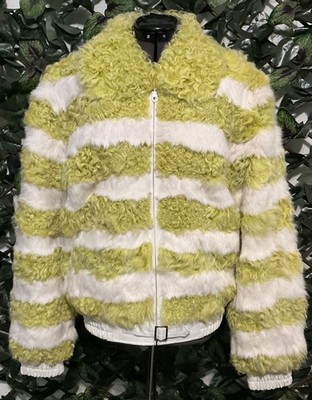 CHE BELLA GENUINE FUR & LEATHER COAT JACKET GREEN & WHITE STRIPE 90s Y2K RARE