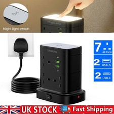 Tower Extension Lead 7AC Outlets & 4 USB Ports with Smart Night Light 2M UK Plug